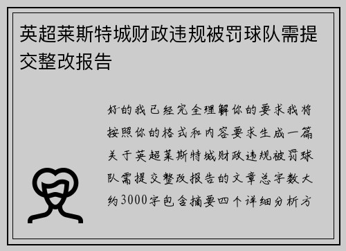 英超莱斯特城财政违规被罚球队需提交整改报告